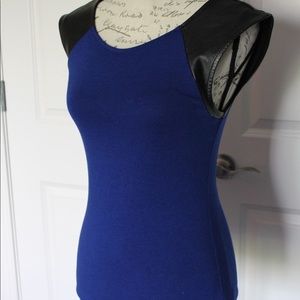 Express scoop neck top with faux leather sleeves